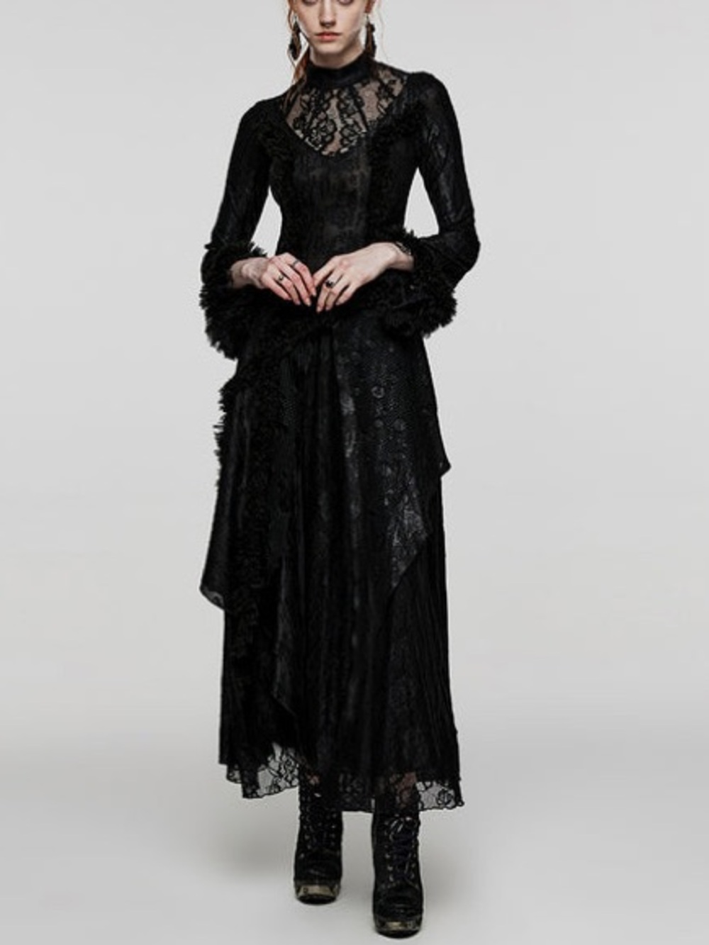 Punk Rave V-Shaped Hollows Lace Goth Maxi Dress Bell Flare Sleeve Large NWT
